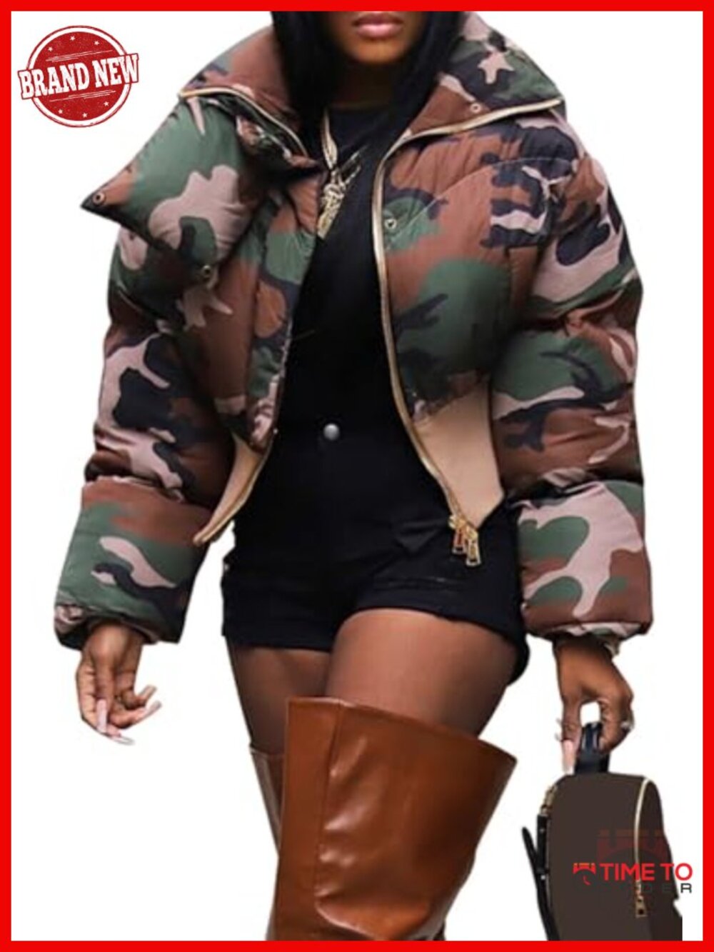 Cropped Camo Puffer Jacket Winter Warm Zip Up Quilted Short Coat Outerwear